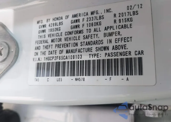 1HGCP2F65CA109103: 43118539