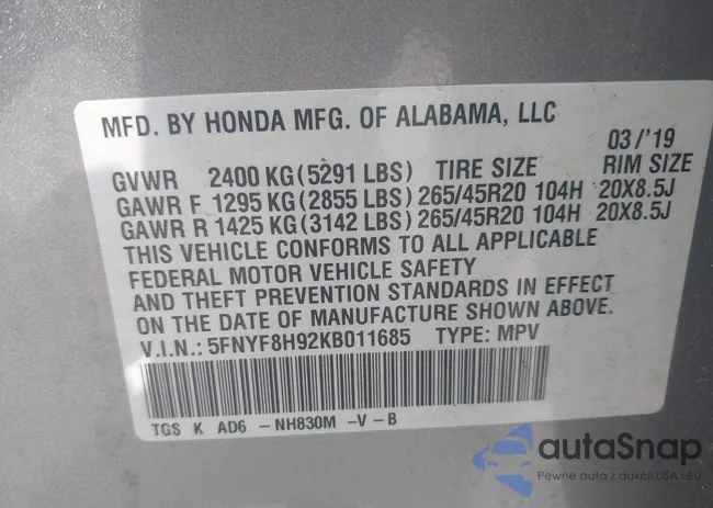 5FNYF8H92KB011685: 43117835