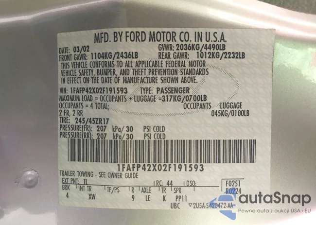 1FAFP42X02F191593: 43119225