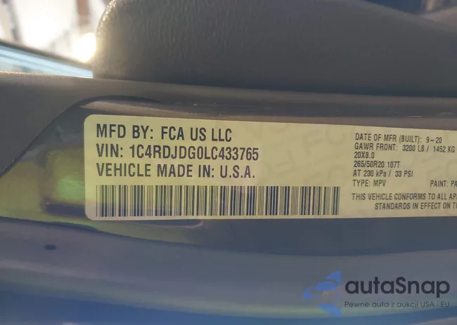 1C4RDJDG0LC433765: 43120247