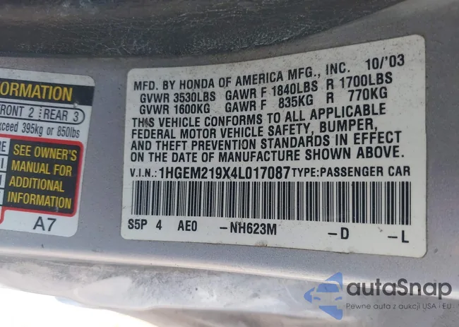 1HGEM219X4L017087: 43122409