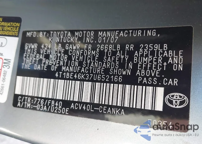 4T1BE46K37U652166: 43122420