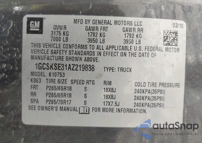 1GCSKSE31AZ219838: 43122545