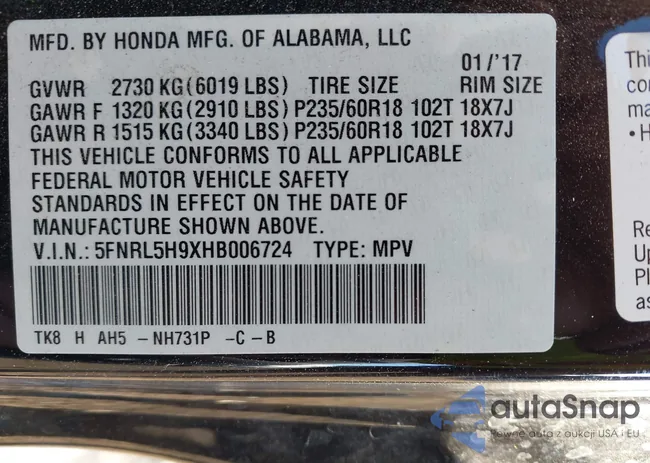 5FNRL5H9XHB006724: 43122603