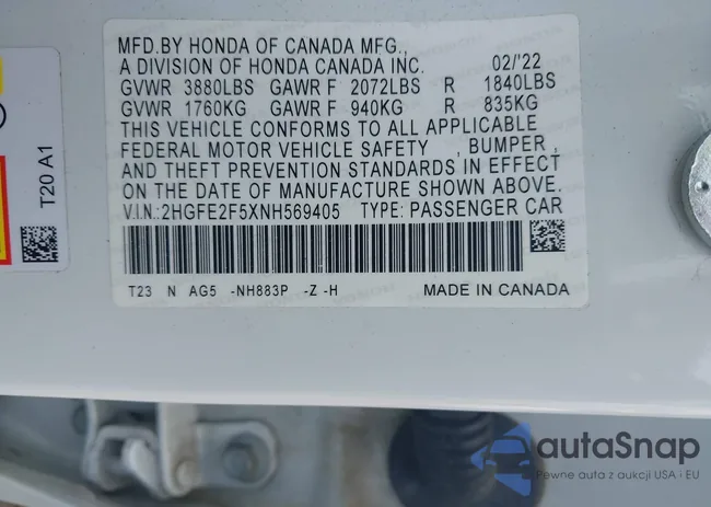 2HGFE2F5XNH569405: 43121852