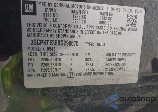 3GCPKTE36BG290675: 43122033