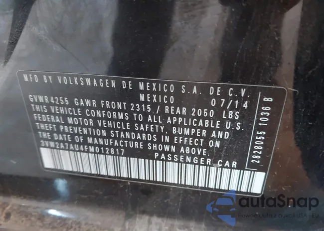 3VW2A7AU4FM012817: 43123456