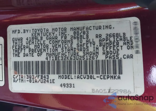 4T1BE32K63U251267: 43123499