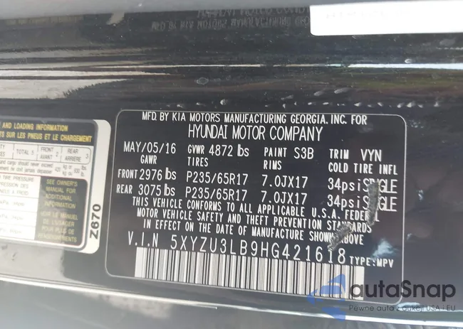 5XYZU3LB9HG421618: 43123896