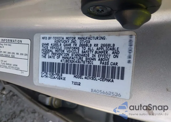 4T1BE32K43U767501: 43125266