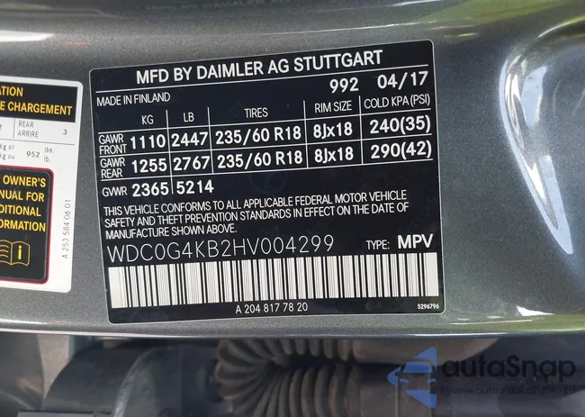 WDC0G4KB2HV004299: 43125791