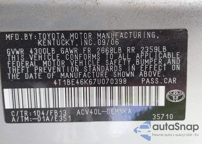 4T1BE46K67U070398: 43125934