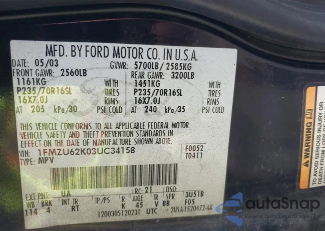 1FMZU62K03UC34158: 43125943