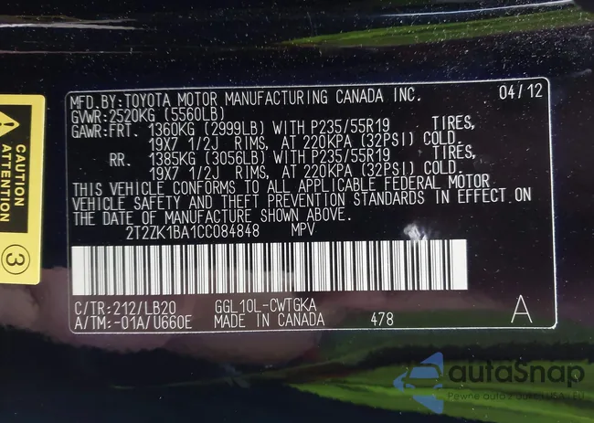 2T2ZK1BA1CC084848: 43127161