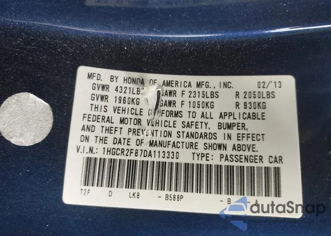 1HGCR2F87DA113330: 43127205