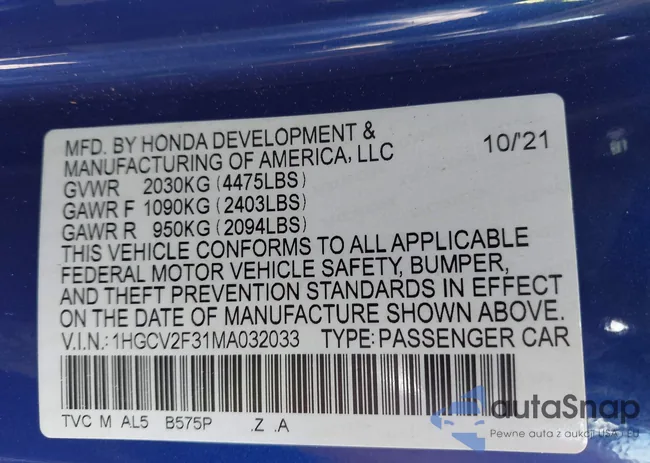 1HGCV2F31MA032033: 43127344