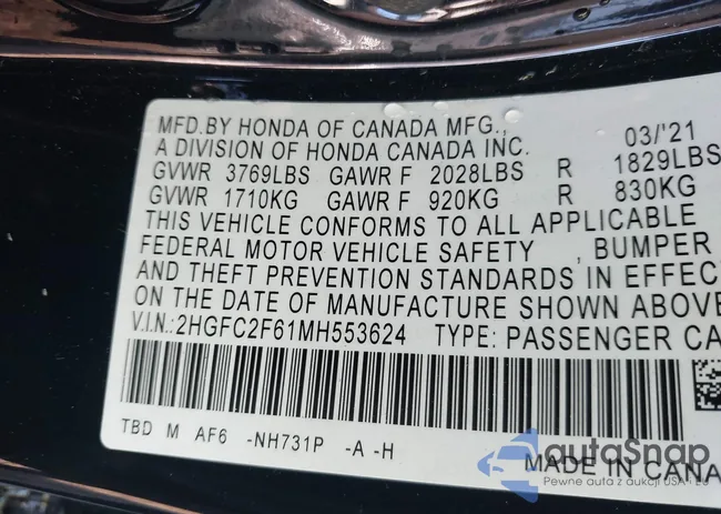 2HGFC2F61MH553624: 43127660