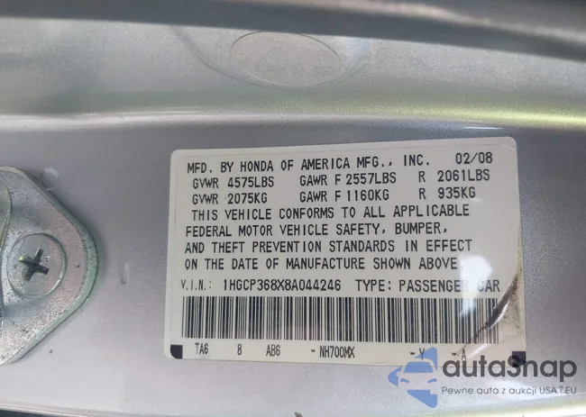 1HGCP368X8A044246: 43128082