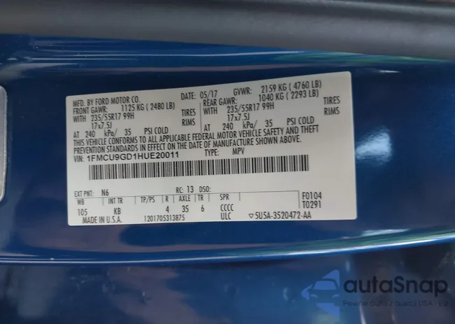 1FMCU9GD1HUE20011: 43128131