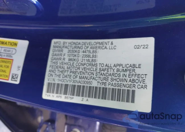 1HGCV1F30NA030950: 43129127