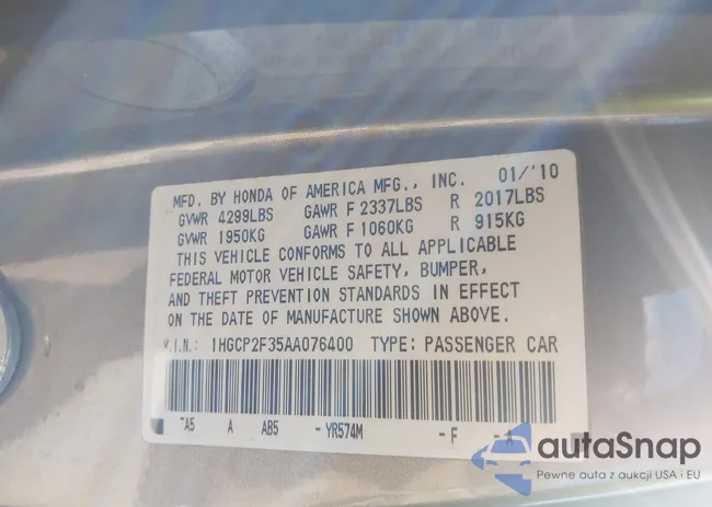 1HGCP2F35AA076400: 43129457