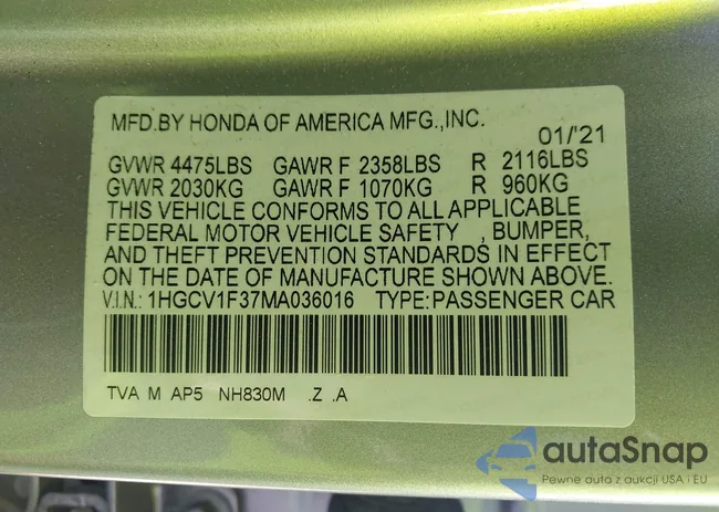 1HGCV1F37MA036016: 43129926