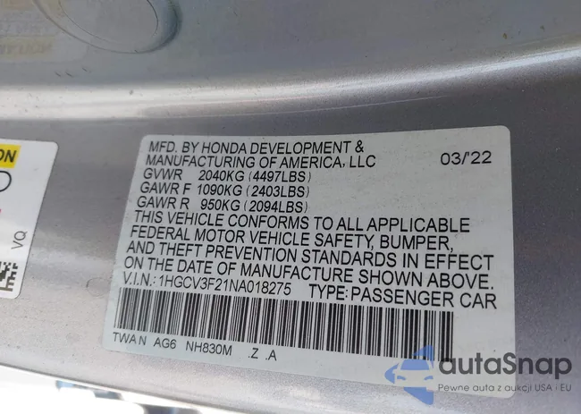 1HGCV3F21NA018275: 43130817