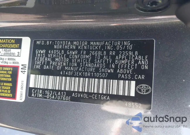 4T4BF3EK1BR110507: 43131047