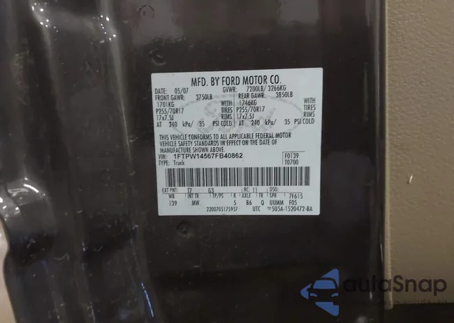 1FTPW14567FB40862: 43132281