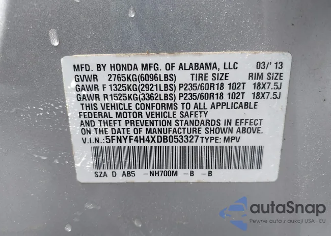 5FNYF4H4XDB053327: 43132291