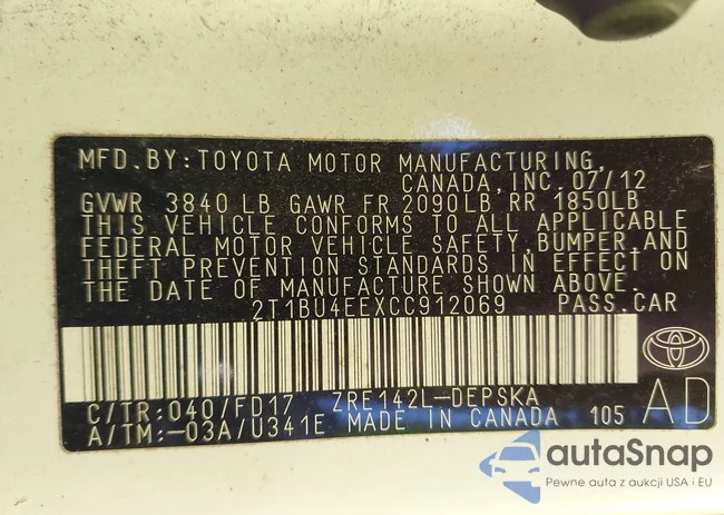 2T1BU4EEXCC912069: 43132501