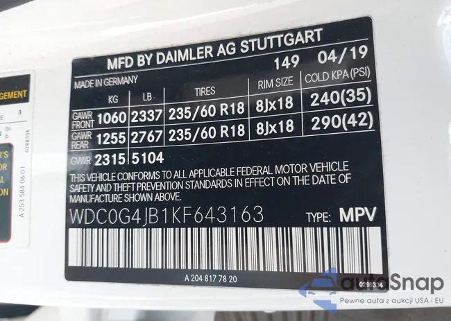 WDC0G4JB1KF643163: 43131816