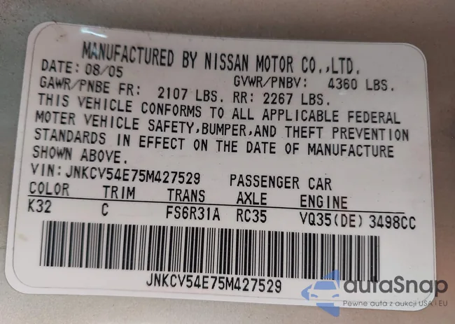 JNKCV54E75M427529: 43131900