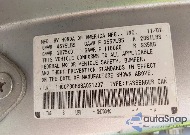 1HGCP36868A021207: 43131953