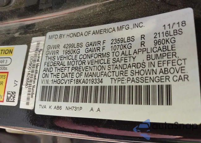 1HGCV1F18KA019334: 43133433