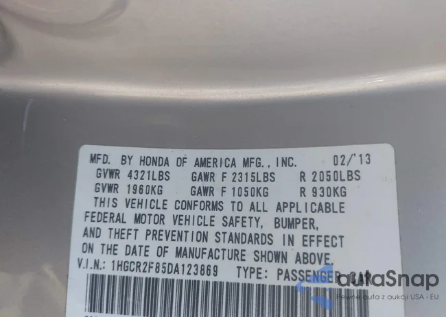 1HGCR2F85DA123869: 43133553