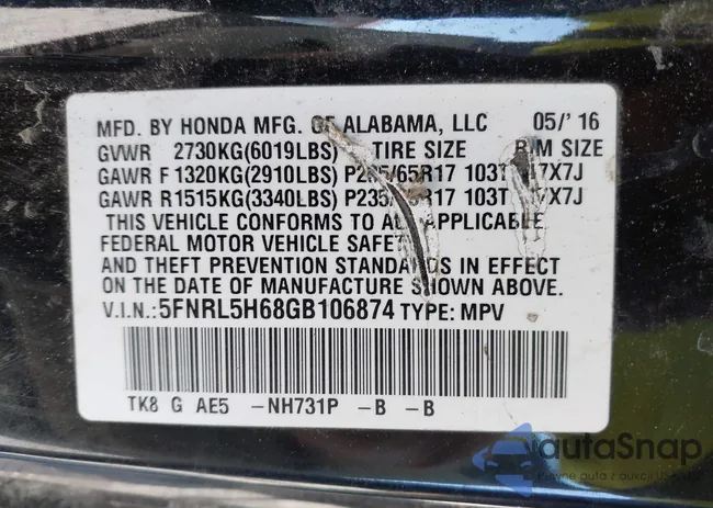5FNRL5H68GB106874: 43132870