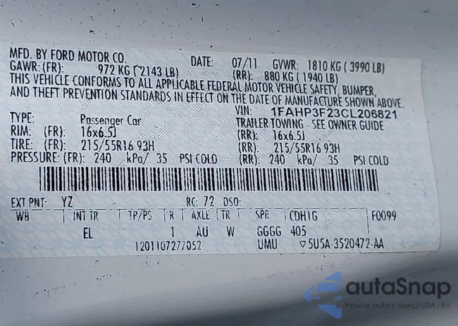 1FAHP3F23CL206821: 43134138