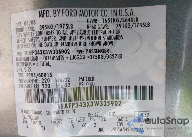 1FAFP343X3W335902: 43134229