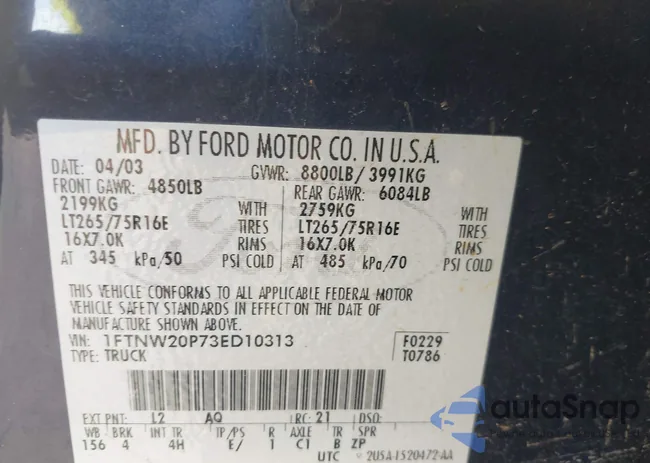 1FTNW20P73ED10313: 43134365