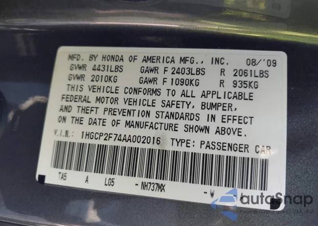 1HGCP2F74AA002016: 43134621