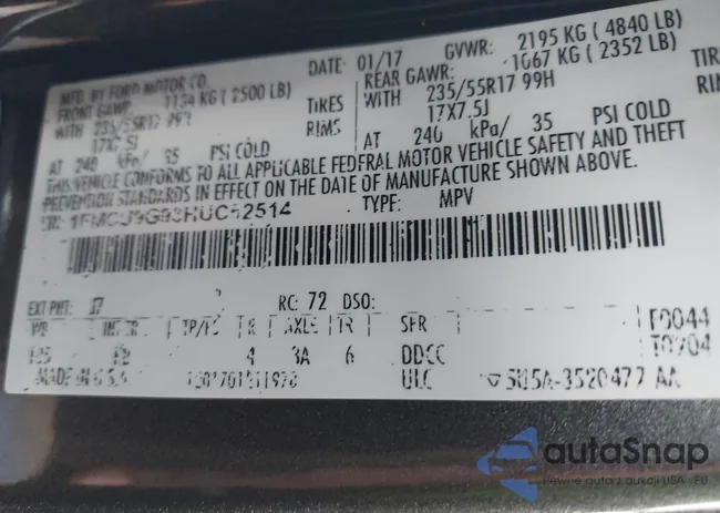 1FMCU9G93HUC52514: 43133799