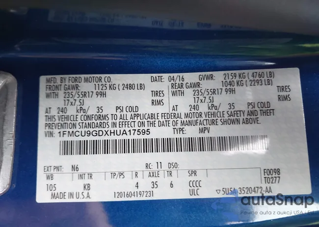 1FMCU9GDXHUA17595: 43134667