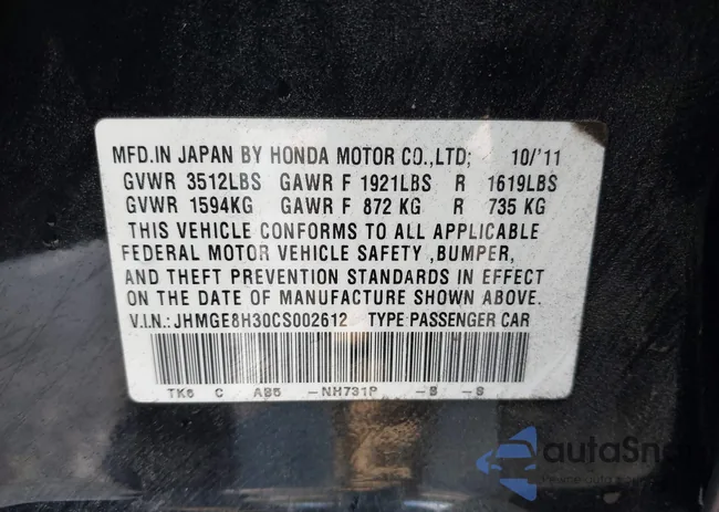 JHMGE8H30CS002612: 43134805