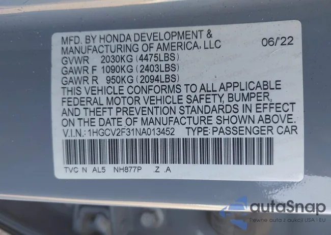 1HGCV2F31NA013452: 43136174