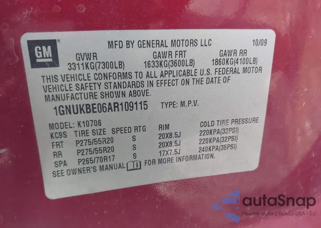 1GNUKBE06AR109115: 43136309