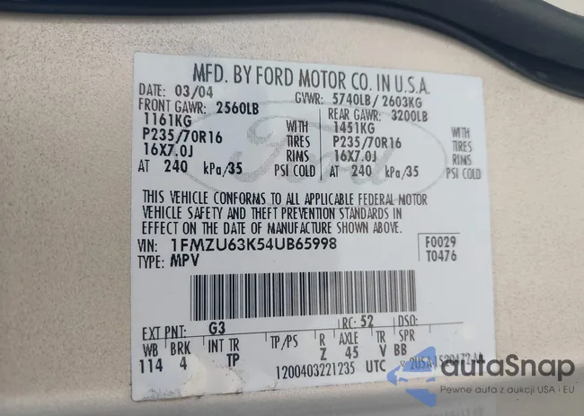 1FMZU63K54UB65998: 43136586