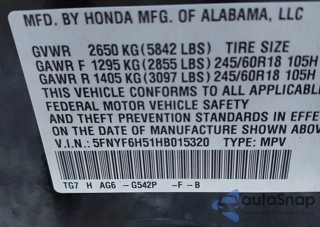 5FNYF6H51HB015320: 43135819