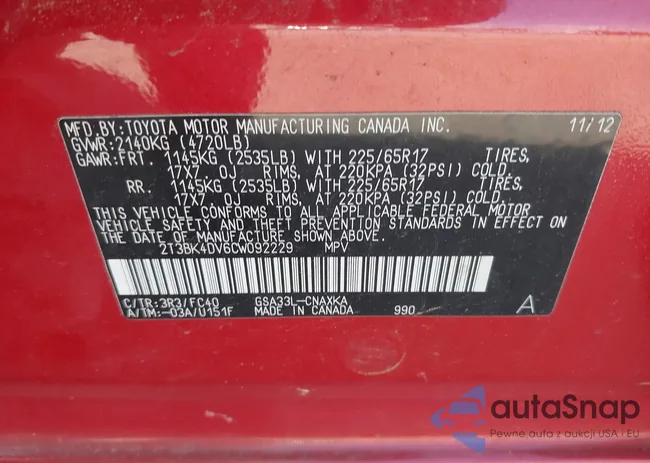 2T3BK4DV6CW092229: 43137064