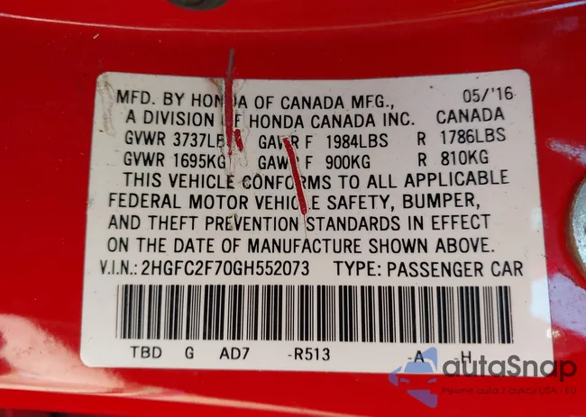 2HGFC2F70GH552073: 43137101